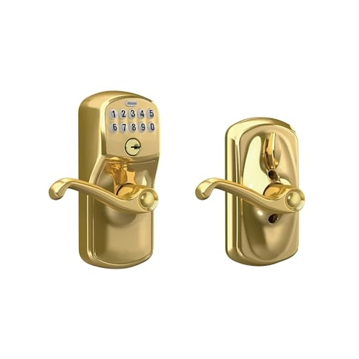 Schlage Plymouth Keypad Lock with Lever Handle, Electronic Keyless Door Entry, Flex Auto‑Lock Option, Bright Brass, FE595 PLY 505 FLA by SCHLAGE - Used - Very Good condition
