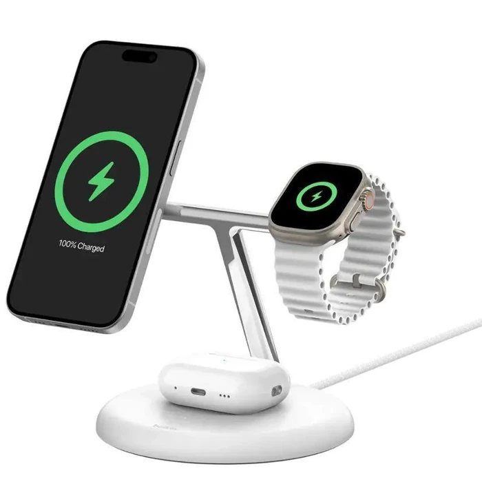 Belkin BoostCharge Pro 3-in-1 Magnetic 15W Charging Stand - White by Belkin - Refurbished - Premium condition - US$101.44