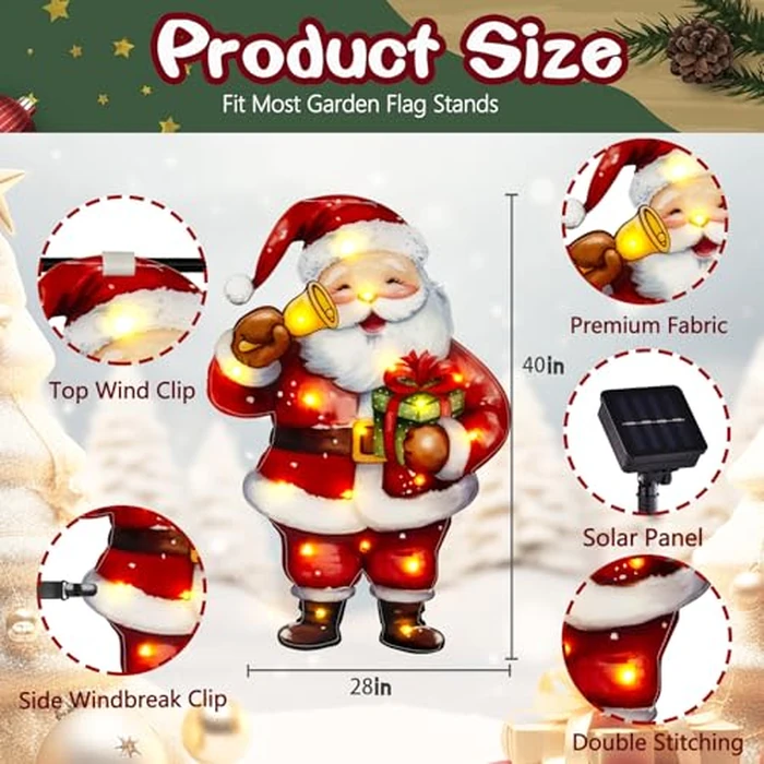 amadecohome Lighted Christmas Garden Flag 28x40, 8 Modes Double Sided Solar Christmas Decorations Outdoor LED Navidad Flag, Yard Decorations for Xmas Patio Lawn Porch (Santa Warm White 28x40) by amadecohome - Image 2