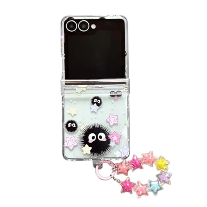 GO-VOLMON Girls Strap Case for Galaxy Z Flip 7 with Stars and Cute Design, Lovely Woman Wristband Cover Kawaii Cartoon Soot, Girly Hinge Protect Case for Z Flip 7 Clear by GO-VOLMON - Image 1