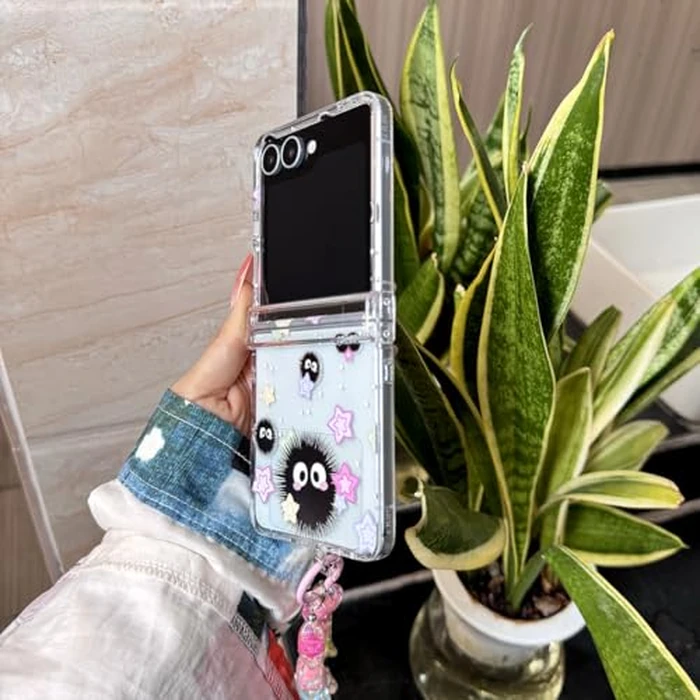 GO-VOLMON Girls Strap Case for Galaxy Z Flip 7 with Stars and Cute Design, Lovely Woman Wristband Cover Kawaii Cartoon Soot, Girly Hinge Protect Case for Z Flip 7 Clear by GO-VOLMON - Image 2