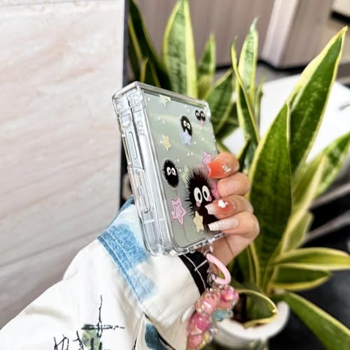 GO-VOLMON Girls Strap Case for Galaxy Z Flip 7 with Stars and Cute Design, Lovely Woman Wristband Cover Kawaii Cartoon Soot, Girly Hinge Protect Case for Z Flip 7 Clear by GO-VOLMON - Image 3