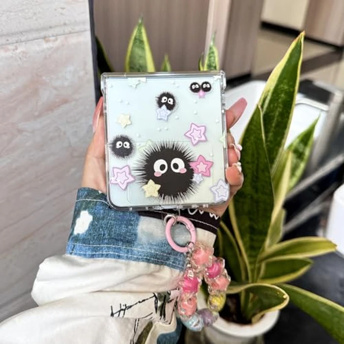 GO-VOLMON Girls Strap Case for Galaxy Z Flip 7 with Stars and Cute Design, Lovely Woman Wristband Cover Kawaii Cartoon Soot, Girly Hinge Protect Case for Z Flip 7 Clear by GO-VOLMON - Image 6
