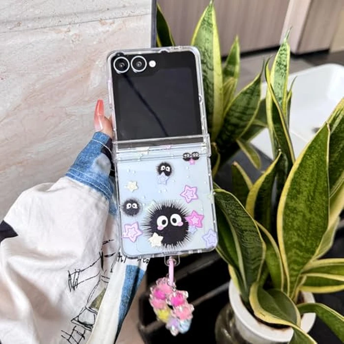 GO-VOLMON Girls Strap Case for Galaxy Z Flip 7 with Stars and Cute Design, Lovely Woman Wristband Cover Kawaii Cartoon Soot, Girly Hinge Protect Case for Z Flip 7 Clear by GO-VOLMON - Image 7