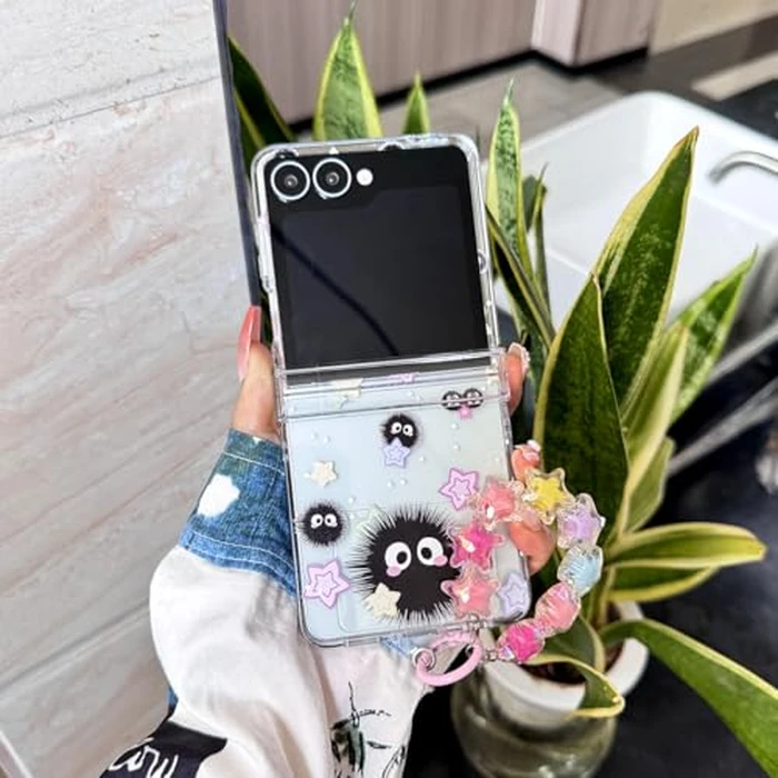 GO-VOLMON Girls Strap Case for Galaxy Z Flip 7 with Stars and Cute Design, Lovely Woman Wristband Cover Kawaii Cartoon Soot, Girly Hinge Protect Case for Z Flip 7 Clear by GO-VOLMON - Image 8