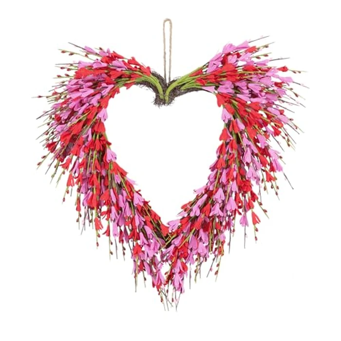 U'Artlines 18 Inch Valentine’s Day Wreath, Pink Red Forsythia Flower Heart Shaped Door Wreath with Cute Berries for Valentine’s Day Gift Wedding Anniversary Festival Front Door Wall Decor by U'Artlines - Used - Very Good condition