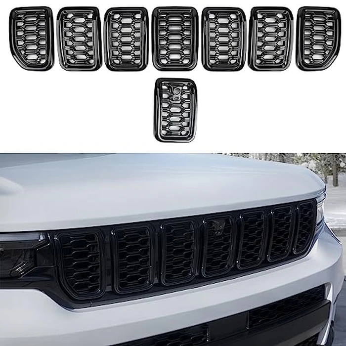 8PCS Glossy Black Honeycomb Mesh Front Grill Inserts Replace for 2022-2025 Jeep Grand Cherokee WL and 2021-2025 Grand Cherokee L Laredo/Altitude/Limited/4xe, Not for Others Model by sportuli - Image 1