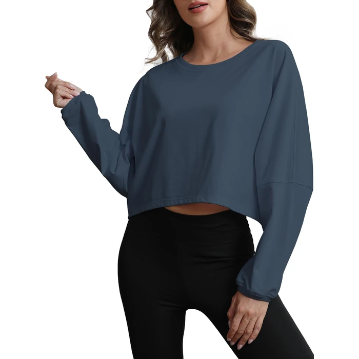 MATEAM Womens Cropped Sweatshirt Loose Fit Workout Tops - Crewneck Pullover Long Sleeve Casual Fashion Sweaters for Yoga Gym Fitness Grey Blue S by MATEAM - Used - Like New condition - US$11.98