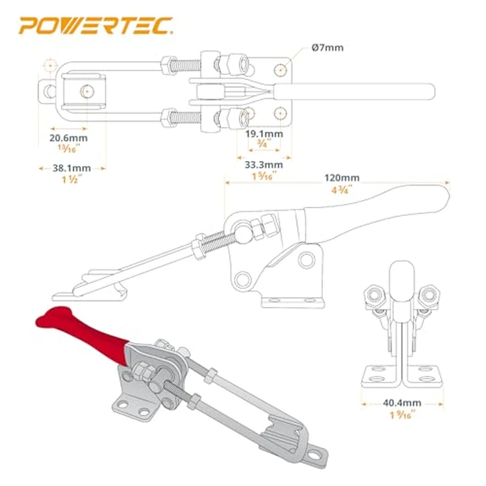 POWERTEC 2PK Toggle Clamp, 1000 lbs Holding Capacity, 334 Adjustable 90 Degree Vertical U Bolt Latch w/Antislip Hand Grip for Woodworking Jigs & Fixtures, Smoker, Tire Carrier, Cabinet (20309-P2) by POWERTEC - Image 2