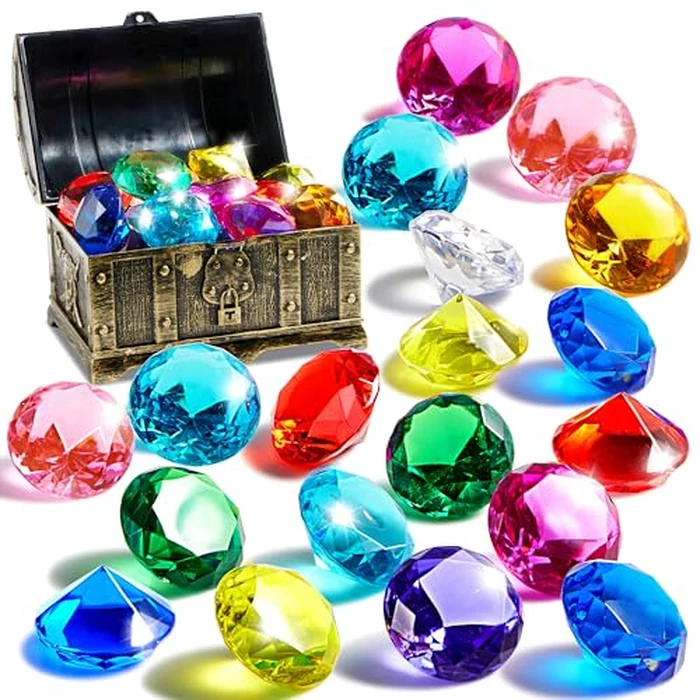 Sloosh Diving Gems Pool Toys, 16 Big Colorful Diamond with Pirate Treasure Chest,Swim Dive Toy for Kids Underwater Gemstone Swimming Training Gift Water Pool Games(Gold) by Sloosh - Used - Like New condition - US$18.04