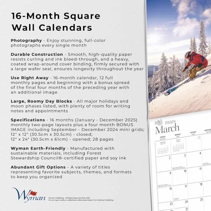 Skiing | 2025 12 x 24 Inch Monthly Square Wall Calendar | English/French Bilingual | Wyman Publishing | Winter Snow Sport Vacation by BrownTrout - Image 4