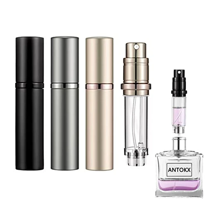 Perfume Travel Spray Bottle Atomizer - 3-Pack 5ML ANTOKX Atomizer Perfume Bottle, Scent Pump Case, Luxury Leakproof Refillable Perfume Spray Bottle for Women and Men (Black & Grey & Gold) by ANTOKX - Used - Like New condition