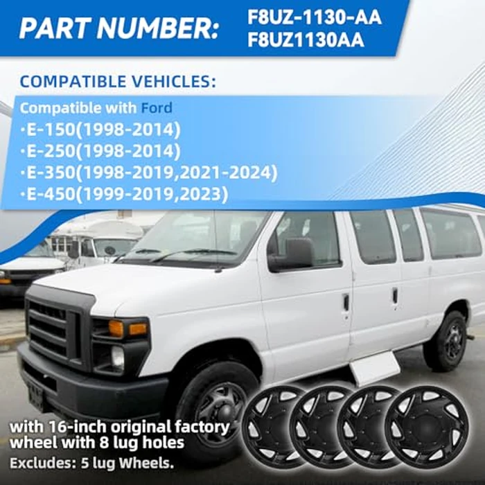 F8UZ-1130-AA Hubcaps Wheel Covers 4pcs Black Snap-on Direct Replacement for Ford E-150(1998-2014)/E-250(1998-2014)/E-350(1998-2019,2021-2024)/E-450(1999-2019,2023) with 16" Factory Wheel F8UZ1130AA by Generic - Image 2