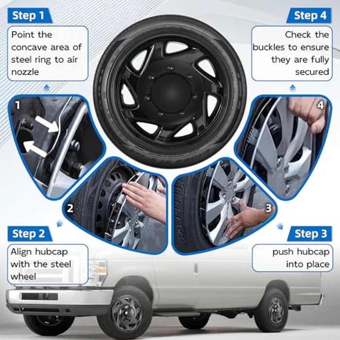 F8UZ-1130-AA Hubcaps Wheel Covers 4pcs Black Snap-on Direct Replacement for Ford E-150(1998-2014)/E-250(1998-2014)/E-350(1998-2019,2021-2024)/E-450(1999-2019,2023) with 16" Factory Wheel F8UZ1130AA by Generic - Image 5