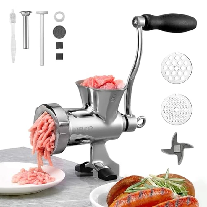 VEVOR Manual Meat Grinder, 304 Stainless Steel Hand Crank Meat Mincer with Steel Table Clamp, Sausage Stuffer with 2 Cutting Plates & Sausage Tube, Food Grinder for Beef Chili Pork Kitchen Tabletop by VEVOR - Used - Like New condition - US$48.21