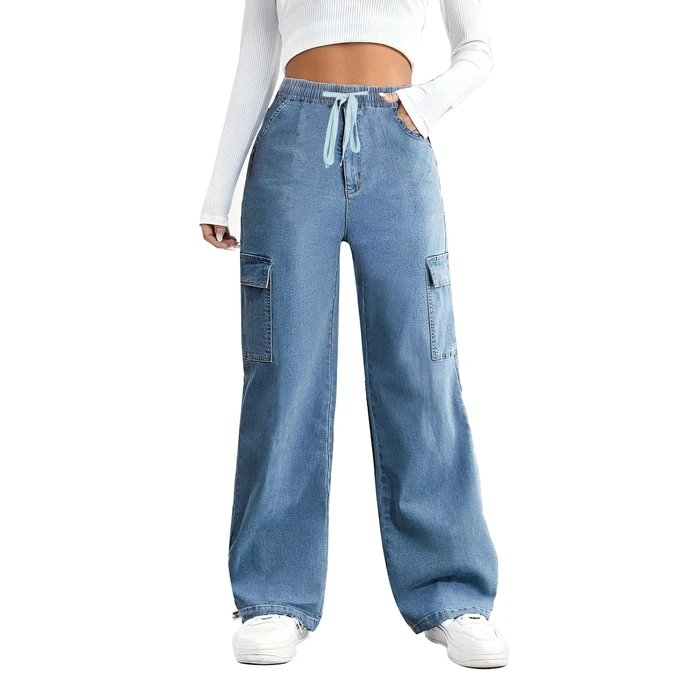 SESERAGI Straight Wide Leg Cargo Jeans Baggy Stretchy Elastic Waist Drawstring Casual Trousers Denim Pants Streetwear Blue L by SESERAGI - Used - Like New condition - US$25.24