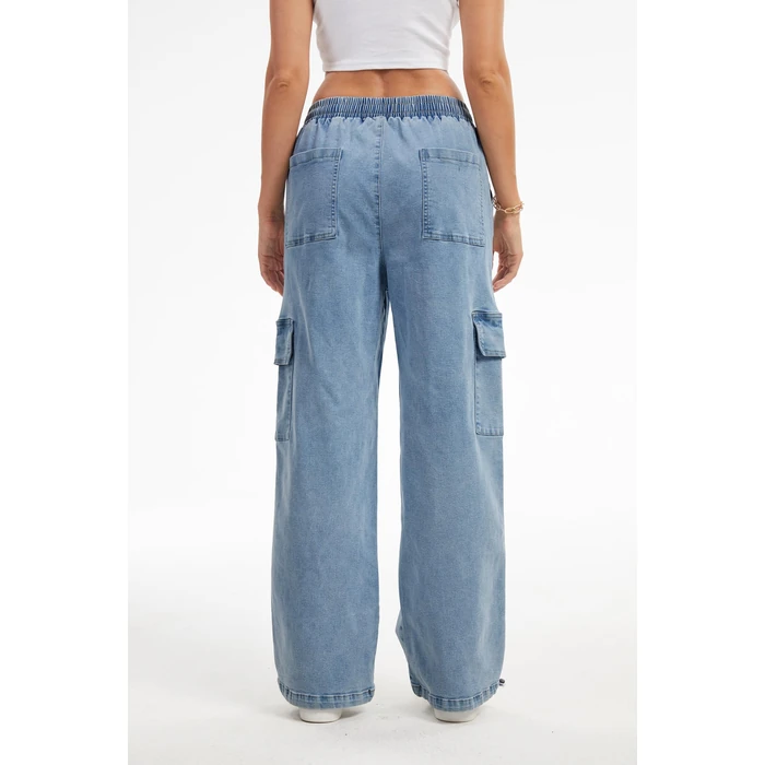 SESERAGI Straight Wide Leg Cargo Jeans Baggy Stretchy Elastic Waist Drawstring Casual Trousers Denim Pants Streetwear Blue L by SESERAGI - Image 5