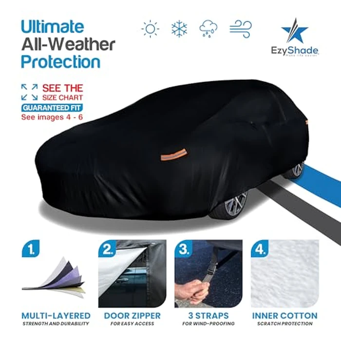 EzyShade 10-Layer Waterproof Sports Car Cover. See Vehicle Size-Chart for Accurate Fit. All Weather Full Outdoor Covers. Corvette Mustang Porsche. Sun Snow Wind Rain. Black, Size C3 (See SizeChart) by EzyShade - Image 2