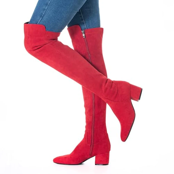 N.N.G Women Over The Knee Boots Faux Suede Red Side Zip Closure 2 Inch Block Low Heel Classic Style for Casual and Dressy Occasions Size 7.5 by N.N.G - Image 2