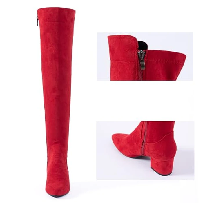 N.N.G Women Over The Knee Boots Faux Suede Red Side Zip Closure 2 Inch Block Low Heel Classic Style for Casual and Dressy Occasions Size 7.5 by N.N.G - Image 4