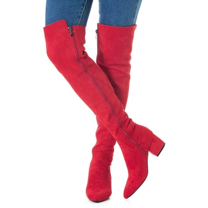 N.N.G Women Over The Knee Boots Faux Suede Red Side Zip Closure 2 Inch Block Low Heel Classic Style for Casual and Dressy Occasions Size 7.5 by N.N.G - Image 6