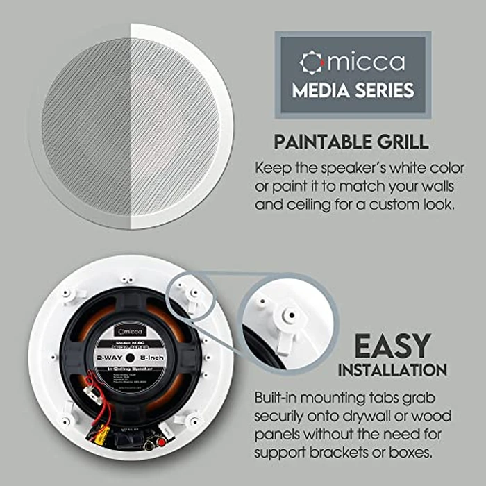 Micca M-8C 2-Way in-Ceiling Round Speaker, 9.4" Cutout Diameter, Whole House Audio, Home Theater, Indoor or Covered Outdoor, 8" Woofer, 1" Tweeter, White, Paintable, Each by Micca - Image 3