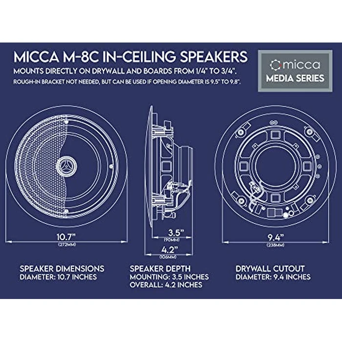 Micca M-8C 2-Way in-Ceiling Round Speaker, 9.4" Cutout Diameter, Whole House Audio, Home Theater, Indoor or Covered Outdoor, 8" Woofer, 1" Tweeter, White, Paintable, Each by Micca - Image 6