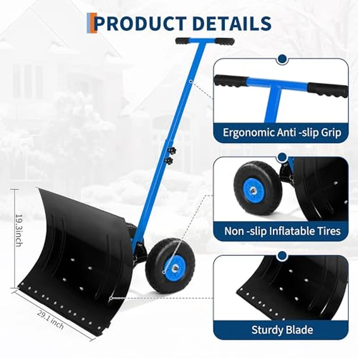 Snow Shovel with Wheels,29.1" W x 19.3" H Heavy Duty Snow Pusher for Driveway,Ergonomic Snow Pusher Shovel with Snow Removal Adjustable Angle & Height Handle for Driveway, Pavement by GarveeTech - Image 3