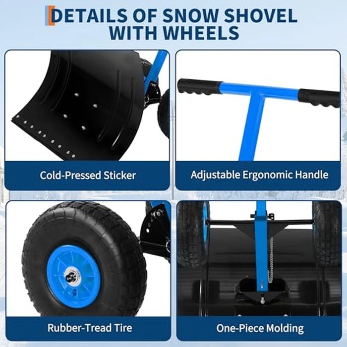 Snow Shovel with Wheels,29.1" W x 19.3" H Heavy Duty Snow Pusher for Driveway,Ergonomic Snow Pusher Shovel with Snow Removal Adjustable Angle & Height Handle for Driveway, Pavement by GarveeTech - Image 4