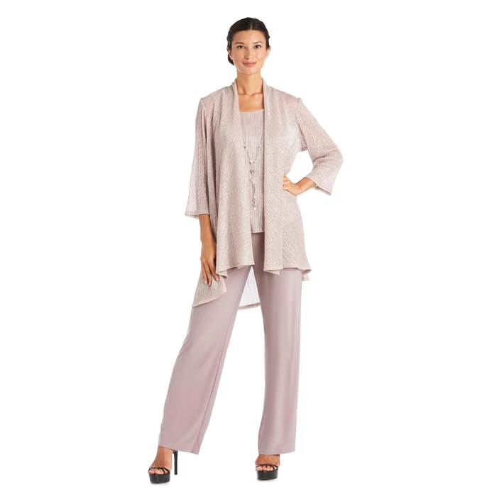 R&M Richards Women's 3-Piece Crinkle Pant Set | Duster Jacket, Straight Pants & Tank Top W/Necklace - Elegant Evening Outfit by R&M Richards - Used - Like New condition - US$75.43