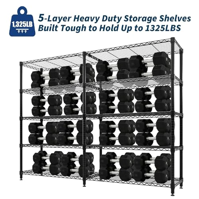 Garvee Metal Storage Shelves 5-Tier Wire Shelving Rack Units, 1325LBS Heavy Duty Adjustable Shelves for Storage, 71"W Black Standing Shelf Rack for Kitchen Garage Pantry Room Basement, 15.8"D x 70.5"H by Garvee - Image 3