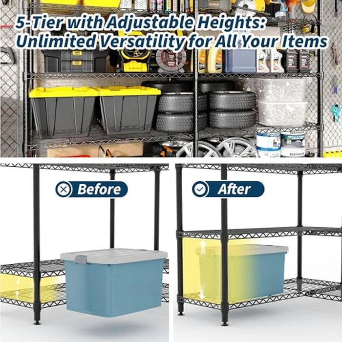 Garvee Metal Storage Shelves 5-Tier Wire Shelving Rack Units, 1325LBS Heavy Duty Adjustable Shelves for Storage, 71"W Black Standing Shelf Rack for Kitchen Garage Pantry Room Basement, 15.8"D x 70.5"H by Garvee - Image 4