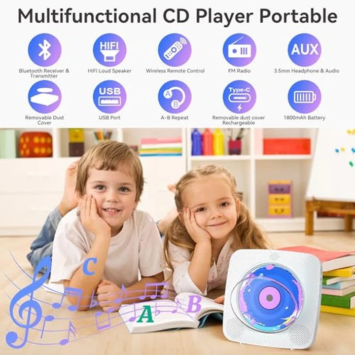 CD Player Portable Bluetooth Rechargeable: CD Players for Home with 1800mAh Kegaudio Desktop Wall CD Player with Speakers Music Player CD Boombox FM Radio USB Remote Control by Kegaudio - Image 2