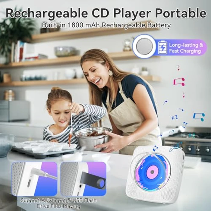 CD Player Portable Bluetooth Rechargeable: CD Players for Home with 1800mAh Kegaudio Desktop Wall CD Player with Speakers Music Player CD Boombox FM Radio USB Remote Control by Kegaudio - Image 4