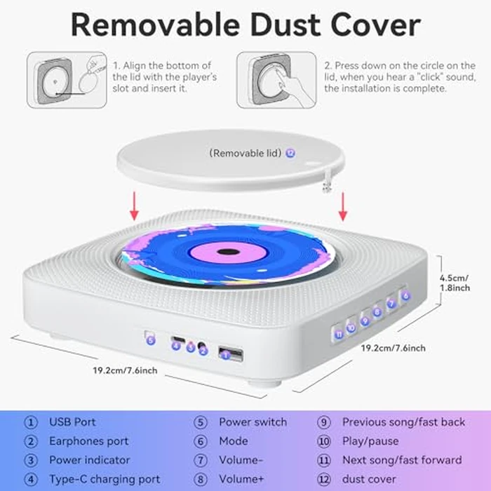 CD Player Portable Bluetooth Rechargeable: CD Players for Home with 1800mAh Kegaudio Desktop Wall CD Player with Speakers Music Player CD Boombox FM Radio USB Remote Control by Kegaudio - Image 7