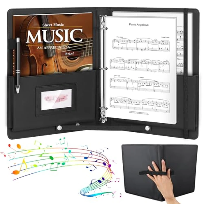 YOTINO Sheet Music Folder, 3 Ring Choral Muisc Folder,13"x10.2" PU Leather Music Binder Black with Elastic Band and Handle Fits Letter Size 8.5 x 11 inch by YOTINO - Used - Very Good condition - US$20.20