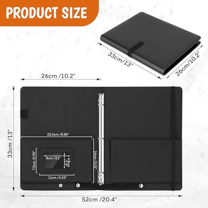 YOTINO Sheet Music Folder, 3 Ring Choral Muisc Folder,13"x10.2" PU Leather Music Binder Black with Elastic Band and Handle Fits Letter Size 8.5 x 11 inch by YOTINO - Image 2