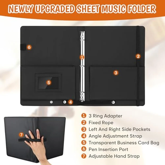 YOTINO Sheet Music Folder, 3 Ring Choral Muisc Folder,13"x10.2" PU Leather Music Binder Black with Elastic Band and Handle Fits Letter Size 8.5 x 11 inch by YOTINO - Image 4