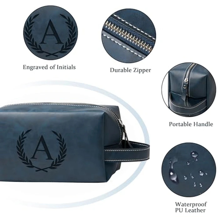 Aganmi Personalized Gifts Travel Toiletry Bag for Men Engraved Initial PU Leather Waterproof Shaving Bag for Toiletries Accessories Fathers Day Birthday Gift for Men Dad Husband Son, Dark Blue N by Aganmi - Image 4