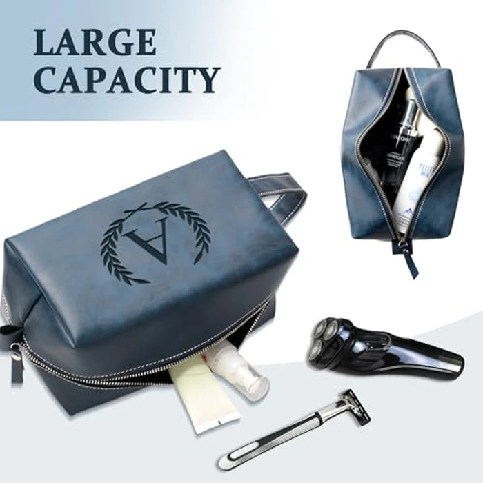 Aganmi Personalized Gifts Travel Toiletry Bag for Men Engraved Initial PU Leather Waterproof Shaving Bag for Toiletries Accessories Fathers Day Birthday Gift for Men Dad Husband Son, Dark Blue N by Aganmi - Image 6