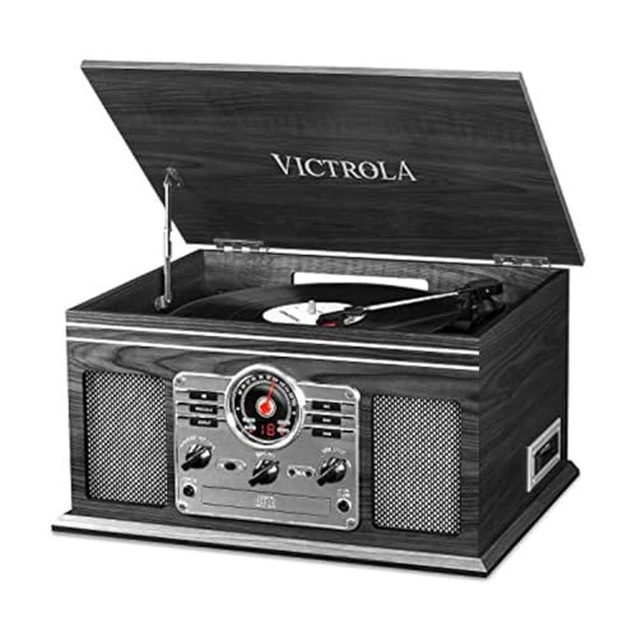 Victrola The Quincy 6-in-1 Bluetooth Record Player & Multimedia Center with Built-in Speakers - 3-Speed Turntable, CD & Cassette Player, AM/FM Radio, Wireless Music Streaming (Grey Wood) by Victrola - Image 1