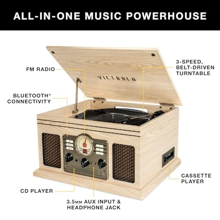Victrola The Quincy 6-in-1 Bluetooth Record Player & Multimedia Center with Built-in Speakers - 3-Speed Turntable, CD & Cassette Player, AM/FM Radio, Wireless Music Streaming (Grey Wood) by Victrola - Image 2