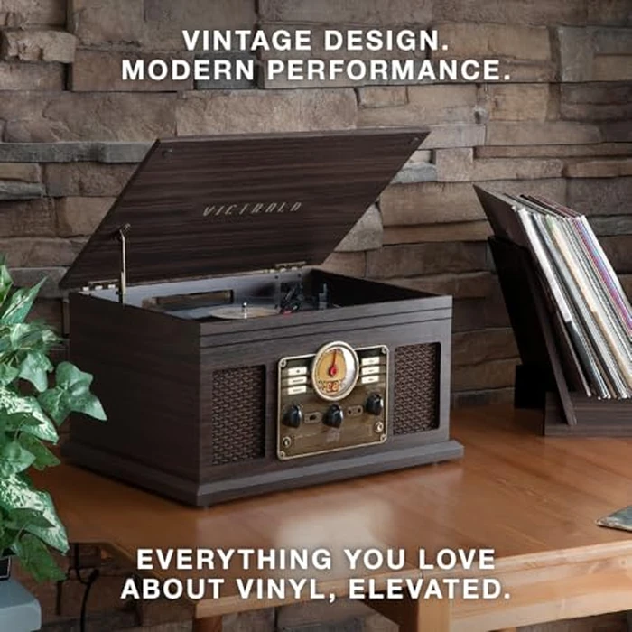 Victrola The Quincy 6-in-1 Bluetooth Record Player & Multimedia Center with Built-in Speakers - 3-Speed Turntable, CD & Cassette Player, AM/FM Radio, Wireless Music Streaming (Grey Wood) by Victrola - Image 5