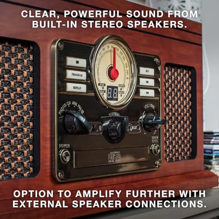 Victrola The Quincy 6-in-1 Bluetooth Record Player & Multimedia Center with Built-in Speakers - 3-Speed Turntable, CD & Cassette Player, AM/FM Radio, Wireless Music Streaming (Grey Wood) by Victrola - Image 6