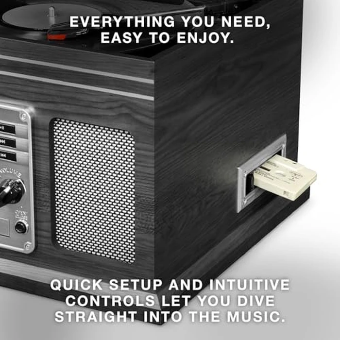 Victrola The Quincy 6-in-1 Bluetooth Record Player & Multimedia Center with Built-in Speakers - 3-Speed Turntable, CD & Cassette Player, AM/FM Radio, Wireless Music Streaming (Grey Wood) by Victrola - Image 7