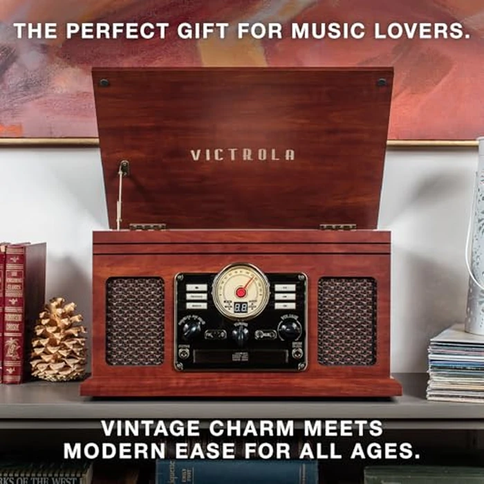 Victrola The Quincy 6-in-1 Bluetooth Record Player & Multimedia Center with Built-in Speakers - 3-Speed Turntable, CD & Cassette Player, AM/FM Radio, Wireless Music Streaming (Grey Wood) by Victrola - Image 8