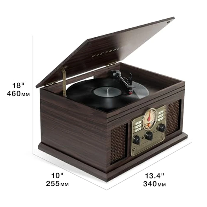 Victrola The Quincy 6-in-1 Bluetooth Record Player & Multimedia Center with Built-in Speakers - 3-Speed Turntable, CD & Cassette Player, AM/FM Radio, Wireless Music Streaming (Grey Wood) by Victrola - Image 9