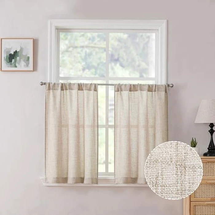 Tollpiz Short Linen Tier Curtains Rod Pocket Semi Sheer Half Kitchen Curtain Burlap Light Filtering Thick Linen Drapes for Bathroom, 30 x 24 inches Long, Natural, Set of 2 Panels by Tollpiz - Used - Very Good condition - US$8.90
