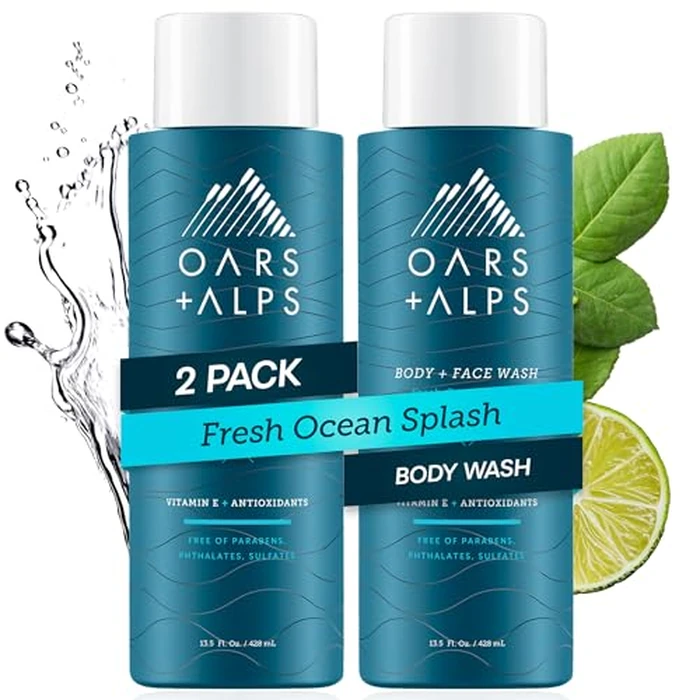 Oars + Alps Body Wash for Men, Mens Body Wash & Face Cleanser with Vitamin E & Antioxidants, Moisturizing, Paraben & Sulfate Free Cleanser, Fresh Ocean Splash, 2pk by Oars + Alps - Used - Like New condition - US$22.78