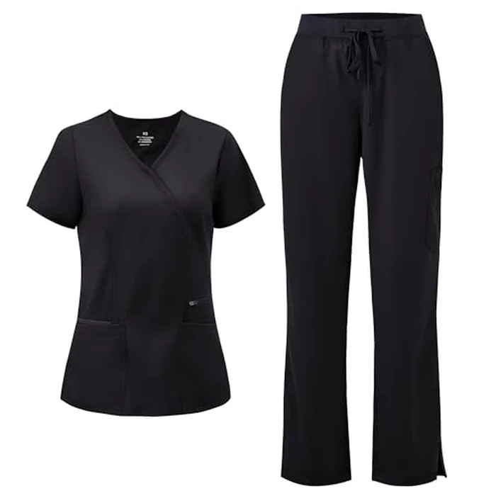 COZYFIT Scrubs for Women - Mock Wrap Top & Straight Leg Pants with 6 Pockets, Back Princess Seams, Soft Fabric Medical Scrubs Set Workwear for Women, Black, S by COZYFIT - Used - Like New condition